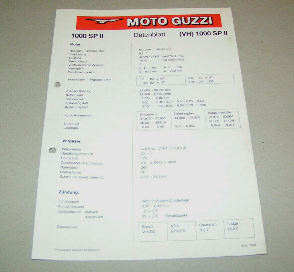 Hoja De Datos / Valores De Ajuste Moto Guzzi 1000 SP II - Estado 1984 - Imagen 1 de 1