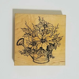 PSX Wooden Rubber Stamp 1997 K-2373 Poinsettia in Watering Can 4.5" Square - Picture 1 of 4