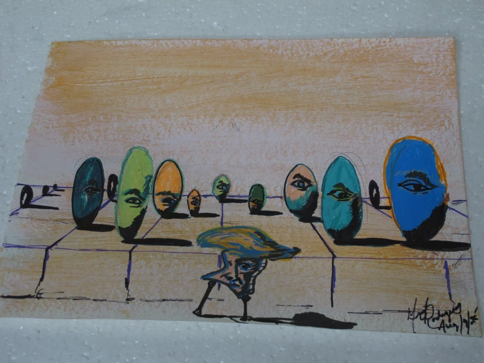 Original Hand Painted Mixed Media "Eyes On The Leader" Folk Art 11 1/2 x 9 - Image 1 of 1