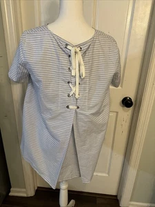 AKRIS Punto gestreiftes Popeline-Shirt Tunika zum Schnüren hinten Größe US 8 blau weiß - Bild 1 von 14