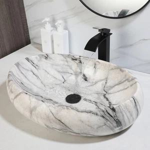 Oval Bathroom Marbling Vessel Sink 22"x15" Ceramic Basin Bowl Combo Black Faucet - Picture 1 of 10