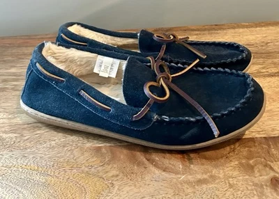 J.Crew 拖鞋硬底海军蓝麂皮绒莫卡辛剪绒毛皮 11 码男式 — 第 1/4 张图片