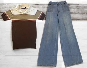 Vintage 70er Wide Leg Jeans Schmetterling Kragen Farbblock Strick Top Hüfte Damen 27x32, M - Bild 1 von 14