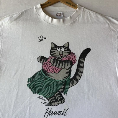 Vintage 80s B Kliban Hawaii Hulu Girl Cat T Shirt Sz Large USA Made Cute Art Tee - Image 1 of 4
