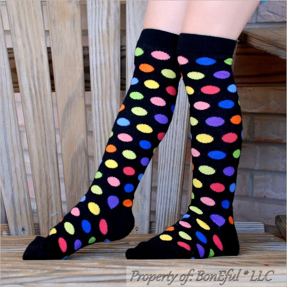 BonEful Boutique RTS NEW Cotton Knit GIRL KNEE SOCKS Rainbow Red Polka Dot Clown - Image 1 of 1