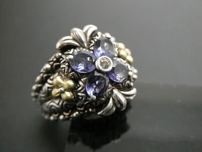 Anillo Barbara Bixby Piedras Preciosas Iolita Flor Plata de Ley 925 y 18K YG Talla 7 Foto 1 de 4