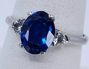BL Designer 10K White Gold 3-Gemstone Blue Spinel White Zircon Accent Ring Sz 5 - Picture 1 of 19