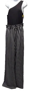 Venus Ladies Juniors Black White Paper-bag One Shoulder Striped Jumpsuit Size M - Picture 1 of 6