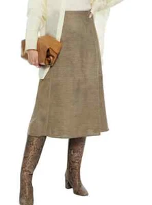 $995 NWT THEORY Sz6 PERFORATED DOT LAMB LEATHER SUEDE MIDI SKIRT TAUPE - Picture 1 of 6