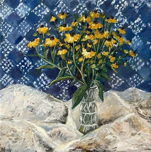 Yellow Daisy Original Oil Painting Flower Wall Art Bouquet 14x14" signed - Picture 1 of 6