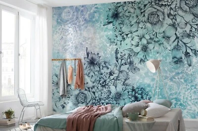 Blue Floral WALLPAPER wall mural 144x97 inch Non-woven wall decor with adhesive - Image 1 of 4