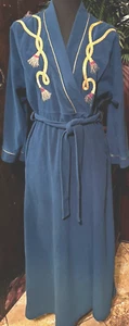 Vintage Vanity Fair Teal Long Robe Embroidered Gold Tassels Pockets - Picture 1 of 10