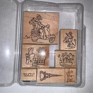 STAMPIN' UP! Paris Spring Stamp Set of 7 Rubber Wood Mount Eiffel Tower Flower - Picture 1 of 6