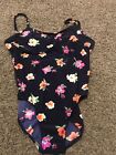Vtg 90s South Point Navy Neon Floral Open Back One Piece Swimsuit Size 10 B24