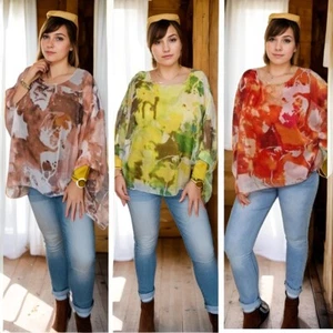 Women's Italian Silk Kaftan Tunic Top, Hand Painted, Lagenlook Batwing 3/4 - Picture 1 of 7