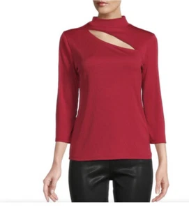 Carmen Marc Valvo Woman Ribbed Cut Out Ruby Red Holday Blouse, Size XS - Picture 1 of 8