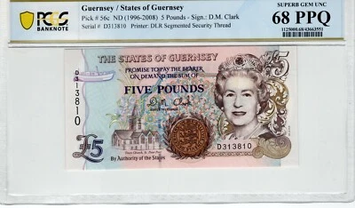 Guernsey 1996 - 2008 5 Pounds PCGS Banknote Gem UNC 68 PPQ Pick 56c - Image 1 of 2