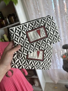 ❤️ Pair Brighton Cosmetic Case Makeup Bag Pouch LOVE Black White Heart Zip NWOT - Picture 1 of 7