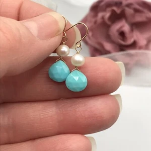14k Turquoise Earrings Natural Briolette Pearl Dangle PETITES - Picture 1 of 7
