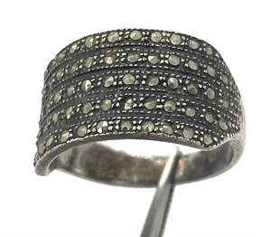 Men's Sterling Silver Marcasite Statement Ring Vintage Unpolished Size 8 OldPawn - Picture 1 of 8