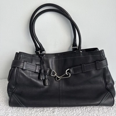 COACH Hampton leather  Handbag Tote Shoulder Bag  Black W/ Teal Stitch Women's - Image 1 of 4