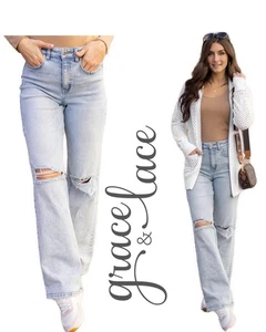 Pantalones de mezclilla desgastados Grace & Lace pierna ancha premium lavado ligero para mujer talla 8” - Imagen 1 de 11