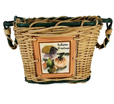 Decorative Autumn Wicker Basket Ceramic Tile Insert Bendable Handles Farmhouse - Image 1 of 4