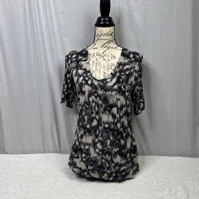 Rock & Republic Shirt Womens Medium Black Beige Exposed Shoulders Short Sleeve - Image 1 of 4