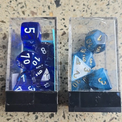 Chessex: Polyhedral Blue, White/Gold Numbers 7-Die Set & 6 Die Set  - Image 1 of 4
