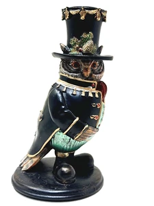 Christmas Steampunk Owl Figurine Candle Holder Top Hat Jacket Holiday  - VG - Picture 1 of 7