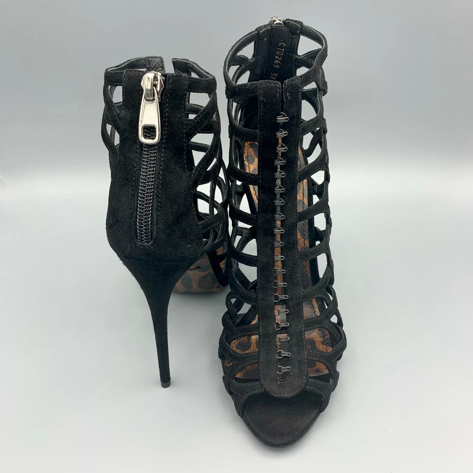 Dolce & Gabbana Suede Black PEEP Toe HEELS Ankle BOOTIES EU 38 US 8