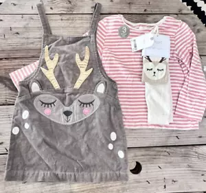 NWT NEXT 3 Pc Reindeer Jumper Dress Striped Holiday Shirt Tights Set 3 4 104 cm - Imagen 1 de 5