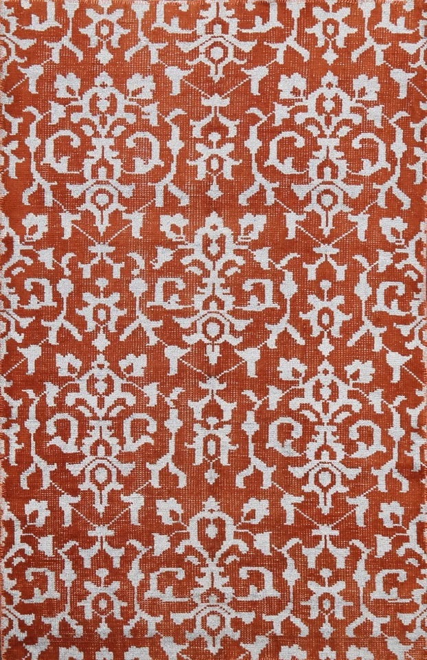 All-Over Damask Abstract Oriental Area Rug Wool/ SILK Handmade Modern 4x7 Carpet - Image 1 of 4