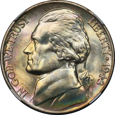 1943 D Jefferson Nickel NGC MS67+ FS (Full Steps) Toned - Image 1 of 3