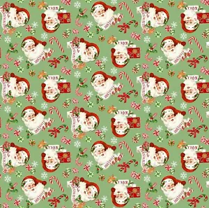 Christmas Fabric | Peppermint Candy Retro Santa Claus Toss Green Northcott YARD - Picture 1 of 1