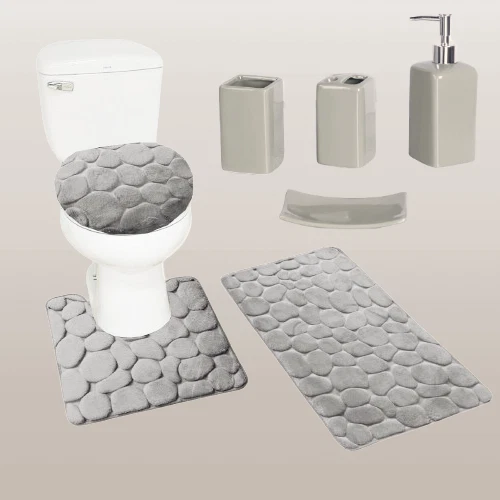  NEW 7PC BATHROOM SET SOFT  BATH RUGS LID COVER  W/CERAMIC ACCESSORIES SOLID  - Image 1 of 1