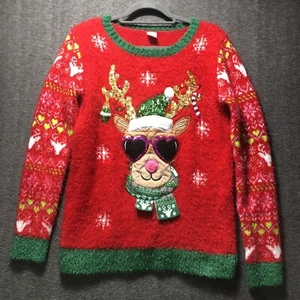 Holiday Time Ugly Christmas Sweater Youth XXL Red Merry Deer Cool Fuzzy Pullover - Picture 1 of 11