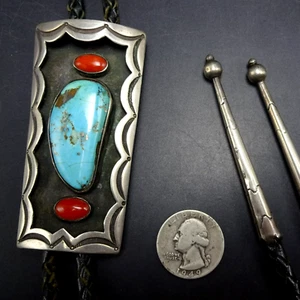 VINTAGE Aaron Chischiligi NAVAJO Sterling Silver TURQUOISE and CORAL BOLO Tie - Picture 1 of 15