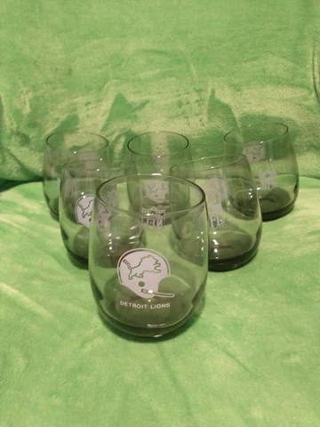 Vtg (6) NFL Detroit Lions Football Bar Stemless Wine Rocks Glass Smoked Tumbler Cover