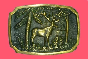 BELT BUCKLE - VINTAGE 70's SOLID BRASS, BTS MOOSE CARIBOU - MADE IN U.S.A. - Picture 1 of 4