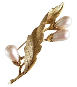 Vintage Leaf Faux Pearl Drop Stem Gold Tone Pin 3.25" - Picture 1 of 4