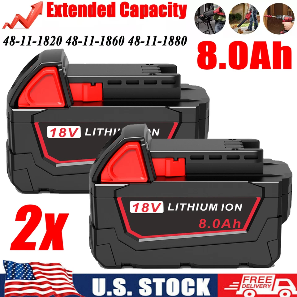2Packs 8.0Ah 18-Volt For Milwaukee For M18 48-11-1880 18V Battery High Output