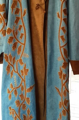 Isabella's Journey blue long denim coat with faux suede trim and leaf appliques  - Image 1 of 4