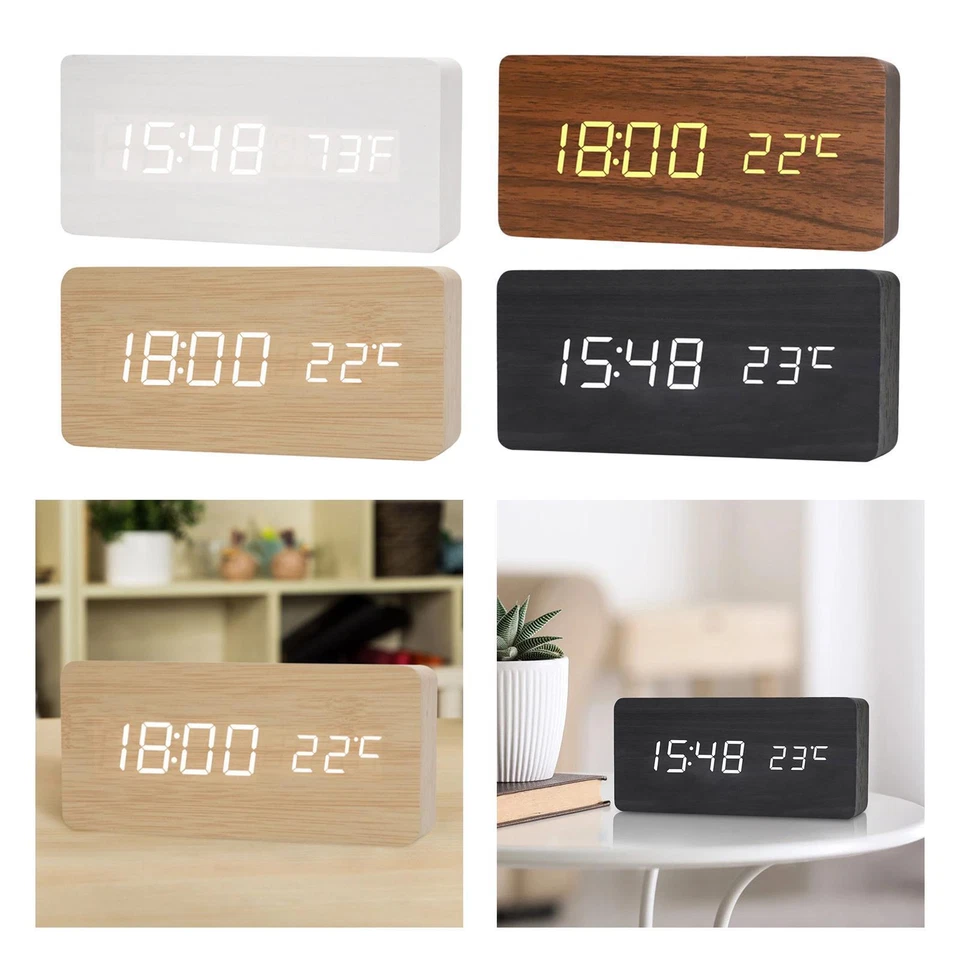 Modern Digital Alarm Clock Temperature Date Display Wood 3 Alarm Setting Large - Image 1 of 1