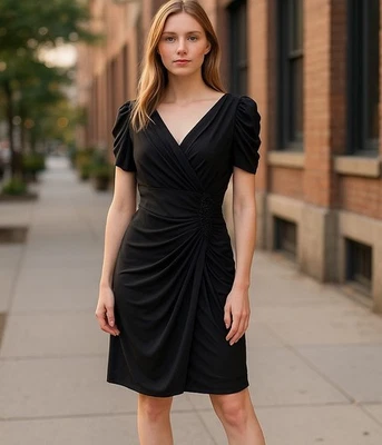 Dressbarn Gown Ruched Rhinestone Brooch Detail Elegant Little Black Dress 6 New - Image 1 of 4