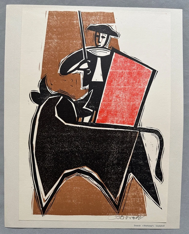 Friedrich Dworak farbiger Linolchnitt, signiert, Stierkampf - Bild 1 von 1