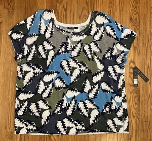 Nic Zoe Women 1X Short Slv Blue Green Lightweight Linen Blend Leaf Knit Top NEW - Picture 1 of 8
