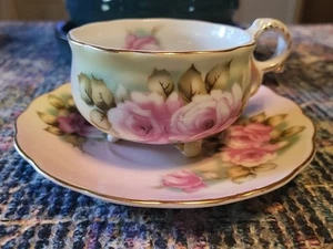 Vintage Pink & Green Rose Motif Tea Cup & Saucer Set - Picture 1 of 11