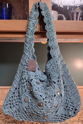 NWT Merona TURQUOISE BLUE Woven Straw Abalone Detail Boho Shoulder Bag Purse - Image 1 of 4