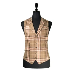 Mens 42R Wool Vest Beige Brown Red Plaid Waistcoat Wedding Party Formal Casual - Picture 1 of 10